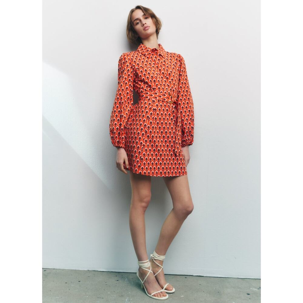 ZARA Cotton Geometric Print Belted Shirt Dress Mini NWT - Picture 10 of 16